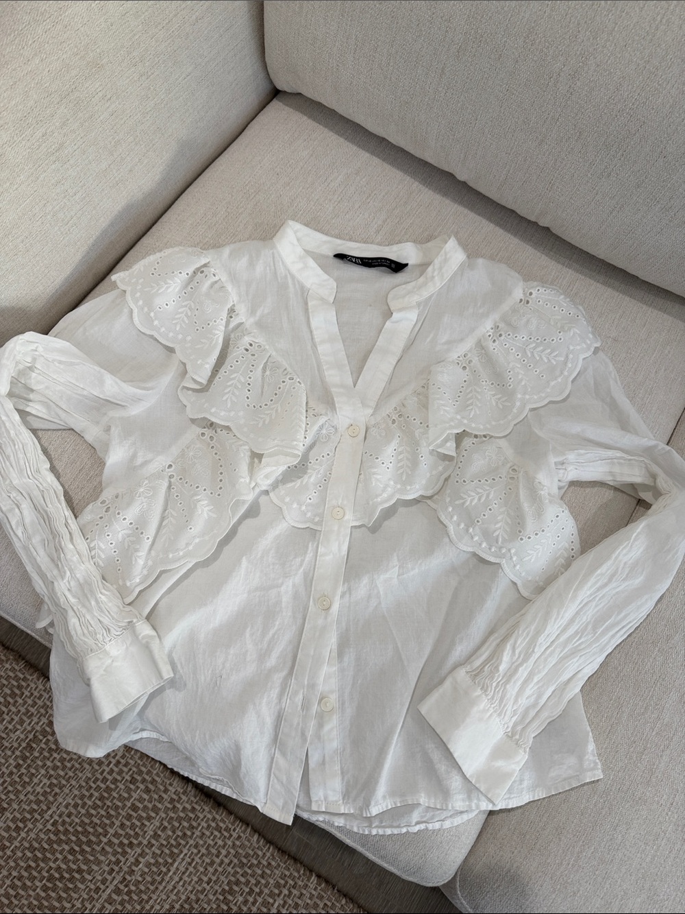 Zara White Eyelet Ruffle Blouse
